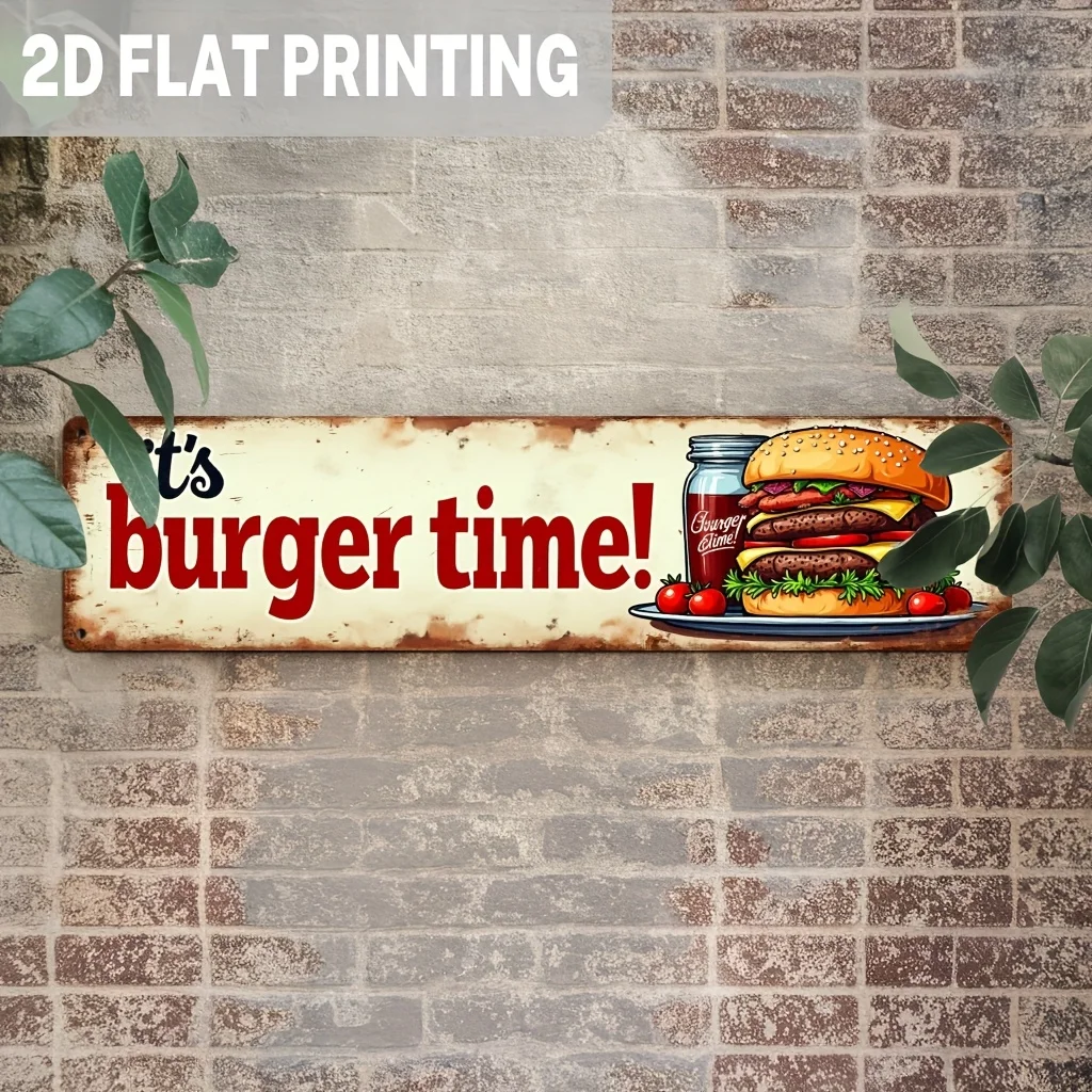 Vintage It's Burger Time Metal Tin Sign, 2D Flat Printing Retro Hamburger Wall Decor Plaque, Rustic Fast Food Art Poster for Bar