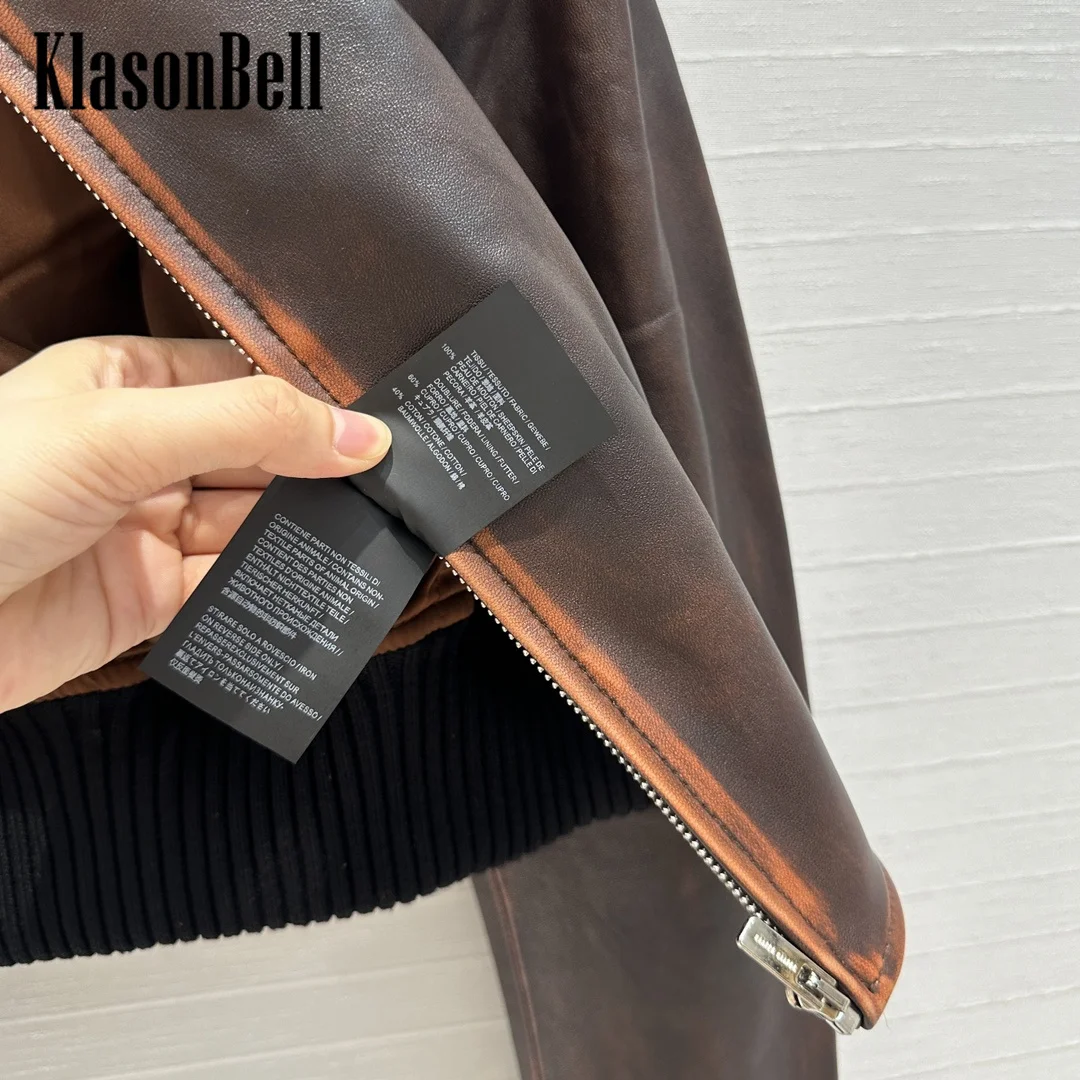 7.21 KlasonBell Women Ribbed Stand Collar Spliced Sheepskin Baseball Jacket Vintage Distressed Zipper Short Outerwear