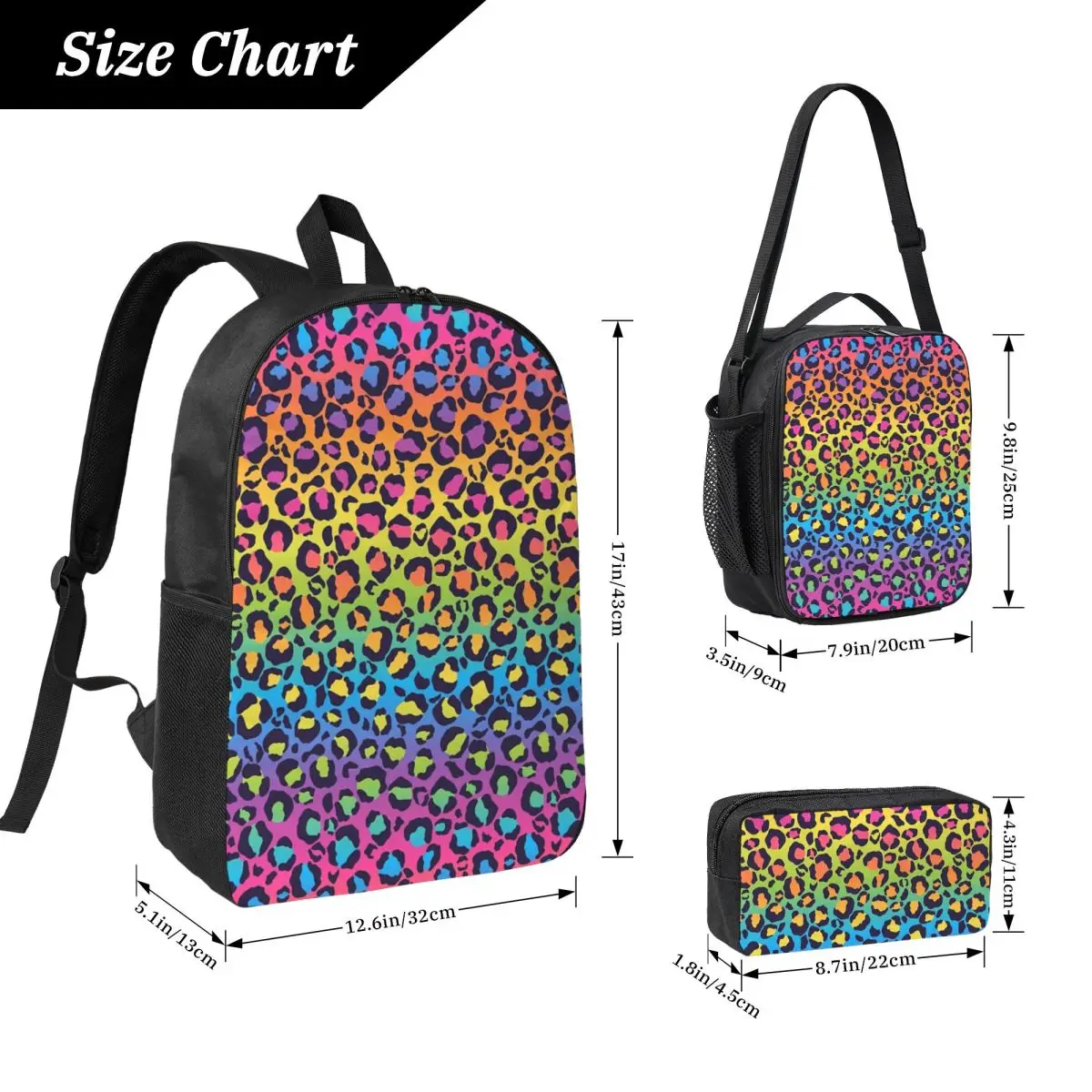 Bright Rainbow Ombre Gradient Leopard Print Pattern Backpack BookBag School Bag Laptop Shoulder Bags 3ps Lunch Bag Pencil Case