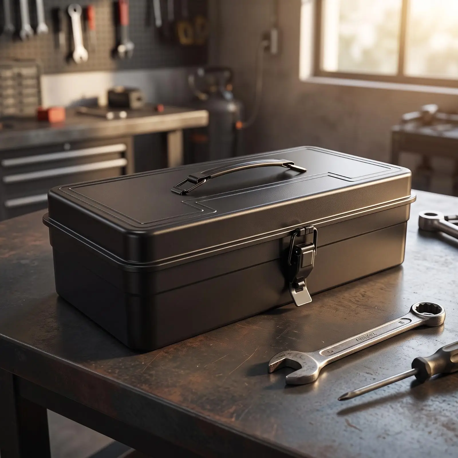 Steel Outdoor Tool Storage Box with Lockable Latch and Carry Handle for Garage Workshop Job Site Use