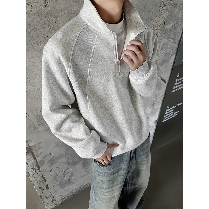 Autumn New Fashion Men Spliced Solid Color Loose Fit Simple Basic Casual Trendy Stand Collar Half Zipper Pullover Sweatshirts