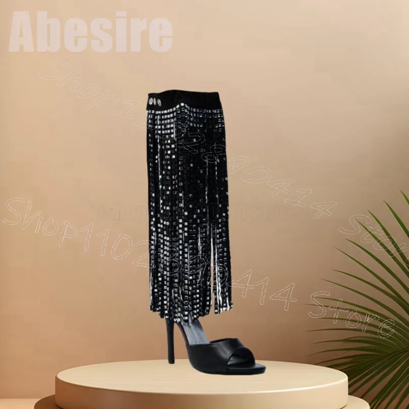 

Black Tassels Rhinestone Decor Open Toe Sandals Elastic Band Women Shoes Thin High Heels Party Banquet 2025 Zapatos Para Mujere