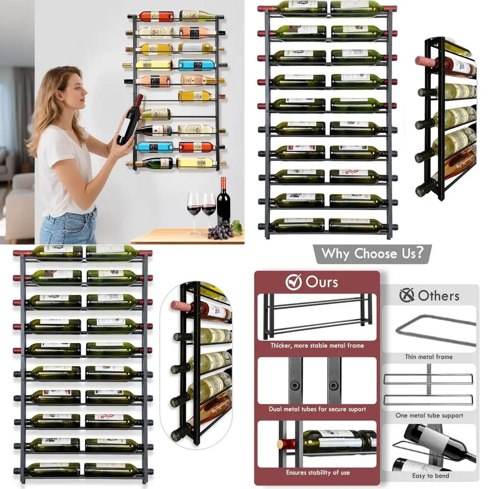 

20-Bottle Black Metal Wall-Mounted Wine Rack - Storage Organizer for Home Bar, Kitchen, Cellar, Dining Room