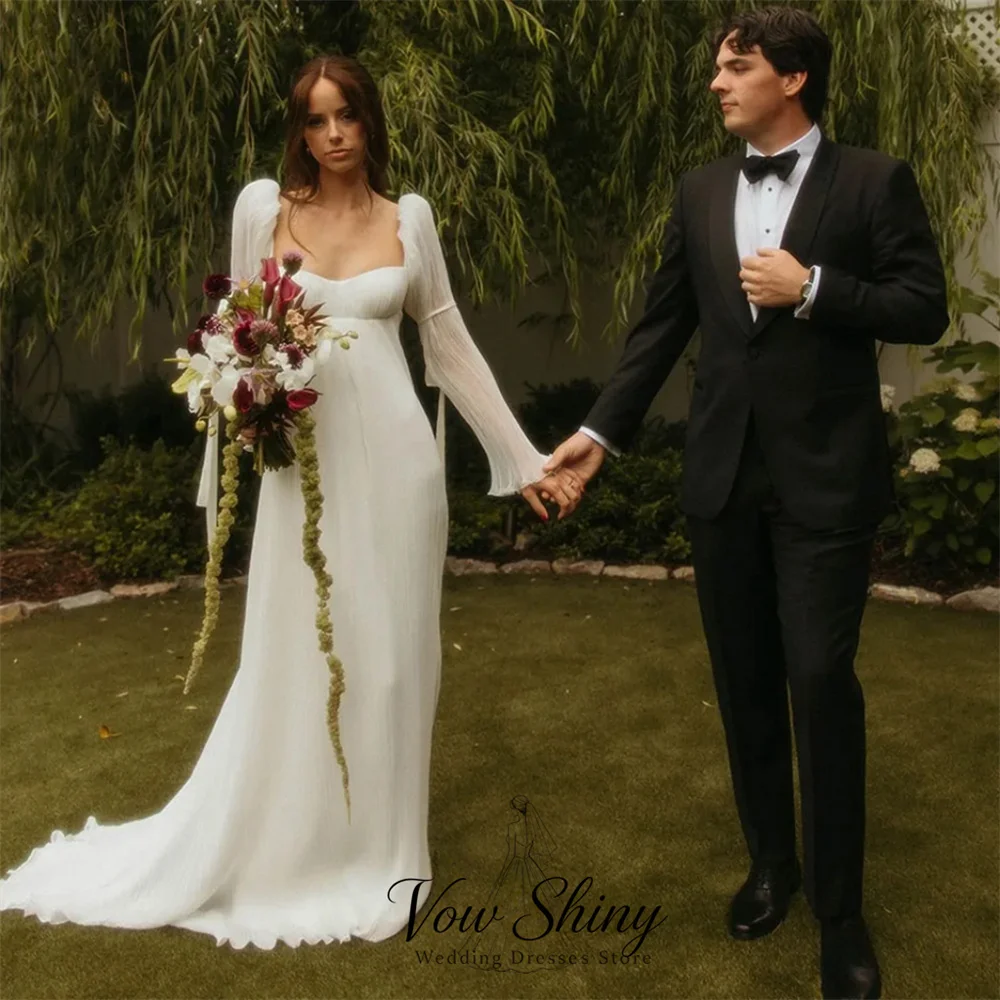 Vow Shiny Elegant Chiffon A-Line Wedding Dresses For Woman Square Neck Detachable Long Sleeve Outdoor Bridal Gown Customized
