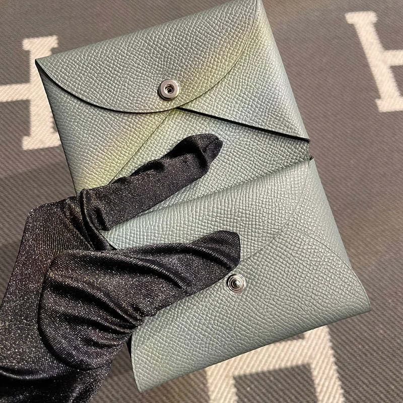 Genuine Leather Key Coin Document Pouch Button Closure Almond Green Short Wallet for Men And Women Functional  Purse