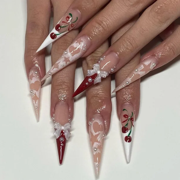 Cherry & Bow Stiletto Press On Nails, Long French False Nails with Pearls