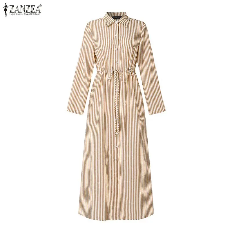 ZANZEA Spring Women's Casual Striped Maxi Dress Long Sleeve Button Up Drawstring Waist Collared Shirt Dress Vacation Robes Femme