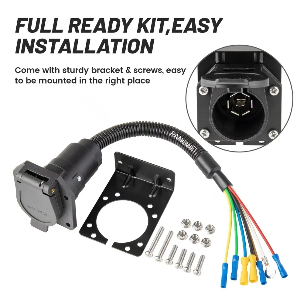 1pc 7-PIN RV Trailer Light Connector Socket Quick Converter With Mounting Bracket Pre-installed 7-color-coded Wire Harness
