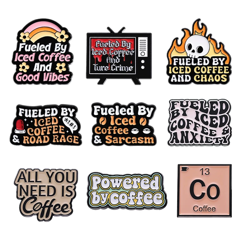 

Fueled By Iced Coffee Enamel Pins Powered By Coffee Cartoon Brooch Halloween Punk Lapel Badge Jewelry Gift for Friends Wholesale