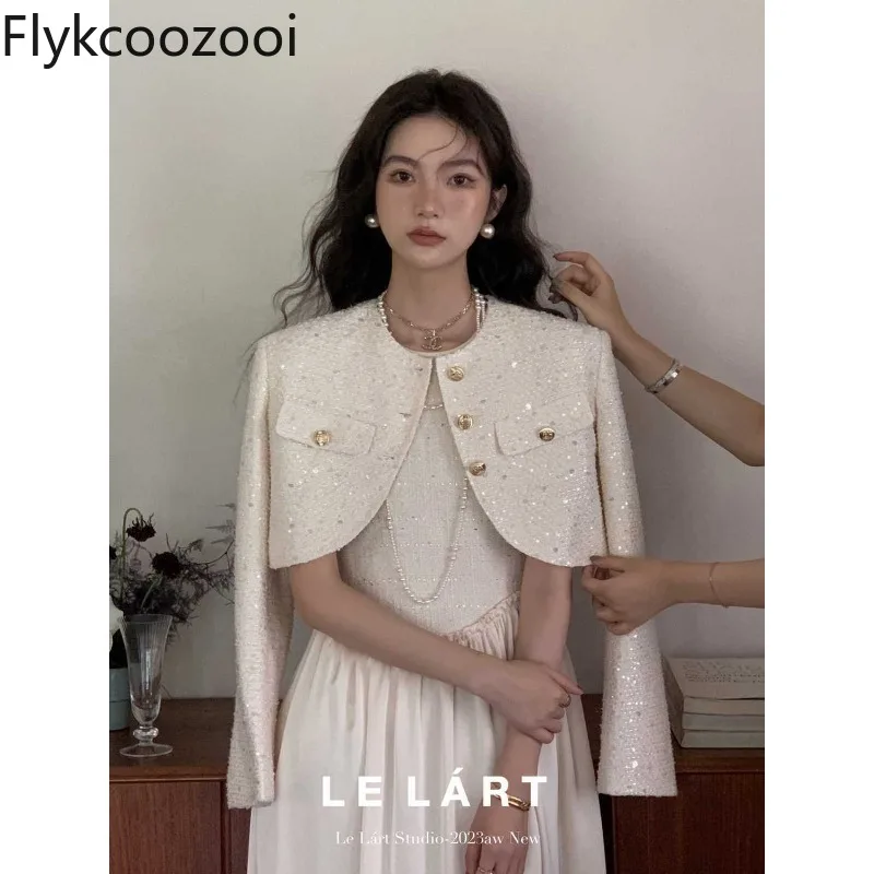 

Celebrity Luxury Sequined Long Sleeve Short Coat Women O-neck Single Breasted Straight Slim Jacket Autumn Elegant Exquisite Top