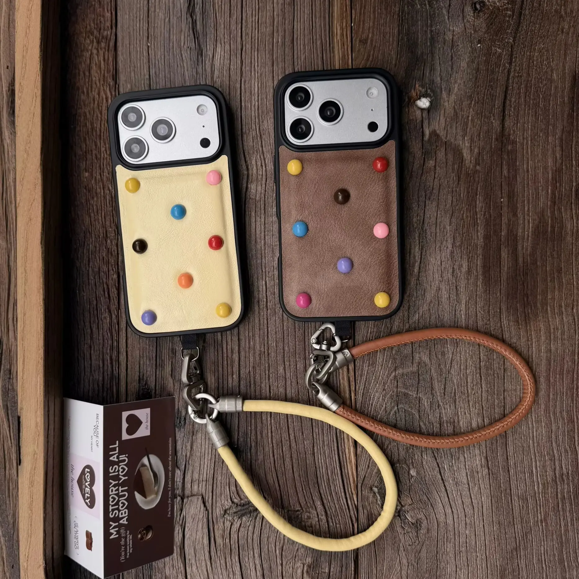 Stereoscopic Colorful Round Bead Leather Imitation Yellow Brown Cover Case For iPhone 17 16 Pro 16 Pro Max 15 Pro 15 Pro Max