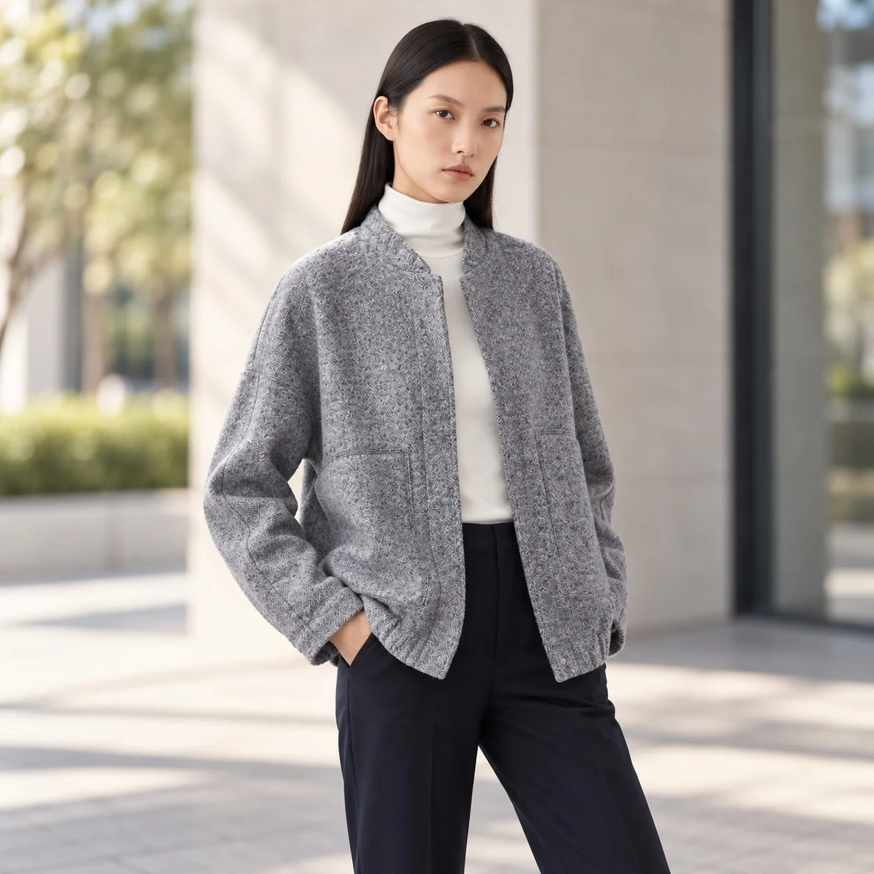No Collar Long Sleeve Coat Regular Length with Style Single Row Multi Button Closure Elegant Commuter Spring Women Jacket