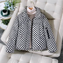 2024 Autumn/Winter New Women Checkerboard Cotton Jacket Ladies Thicken Down Cotton Coat Short Casual Outwear Female Warm Parkas