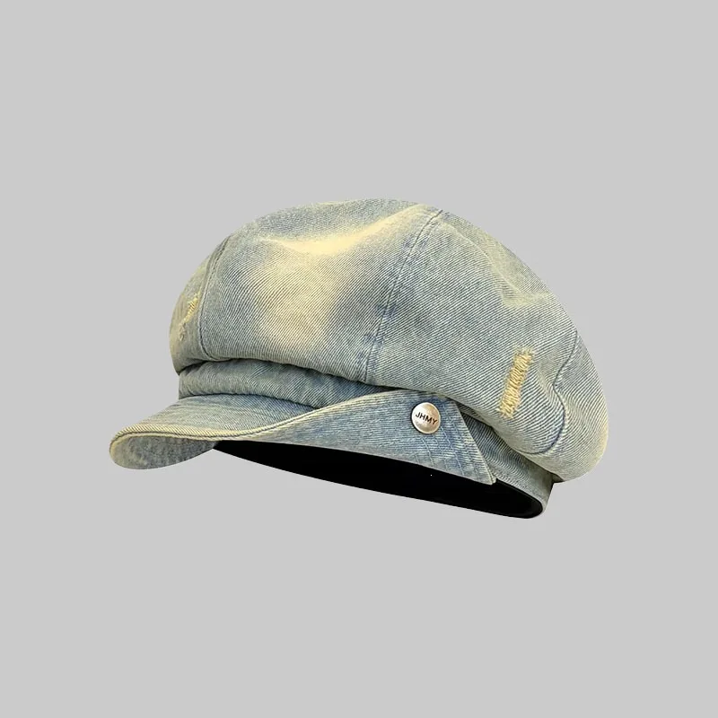 Washed Denim Octagonal Cap Women Vintage Distressed Newsboy Cap Streetwear Jean Flat Cabbie Gatsby Beret Adjustable Sun Hat