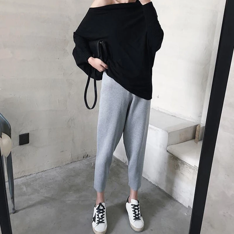 Autumn Winter High Waist Knitted Women Pants Solid Color Loose Ankle-length Harem Pants Streetwear Fashion Elastic Womens Pants