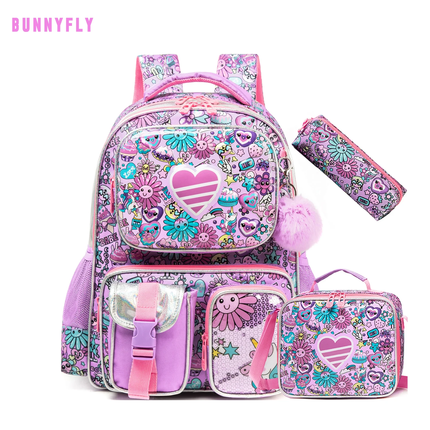 BUNNYFLY Cute Backpack for Girls Backpacks for Elementary Preschool Students Kids School Cute Backpack Lunch Bag and Penbag