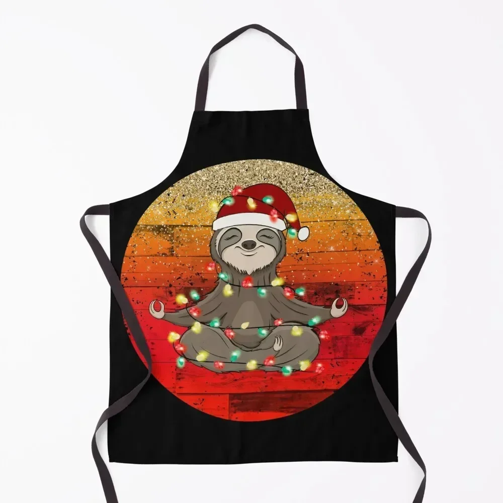 

Sloth Funny Christmas Gift Idea Men Women Kids Retro Colors Sunset Christmas Lights Apron kitchen utensil Apron