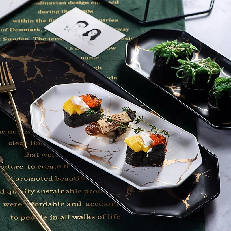 Nordic style retro marble gold pattern sushi plate, matte household light plate, high-end restaurant, star anise flat plate
