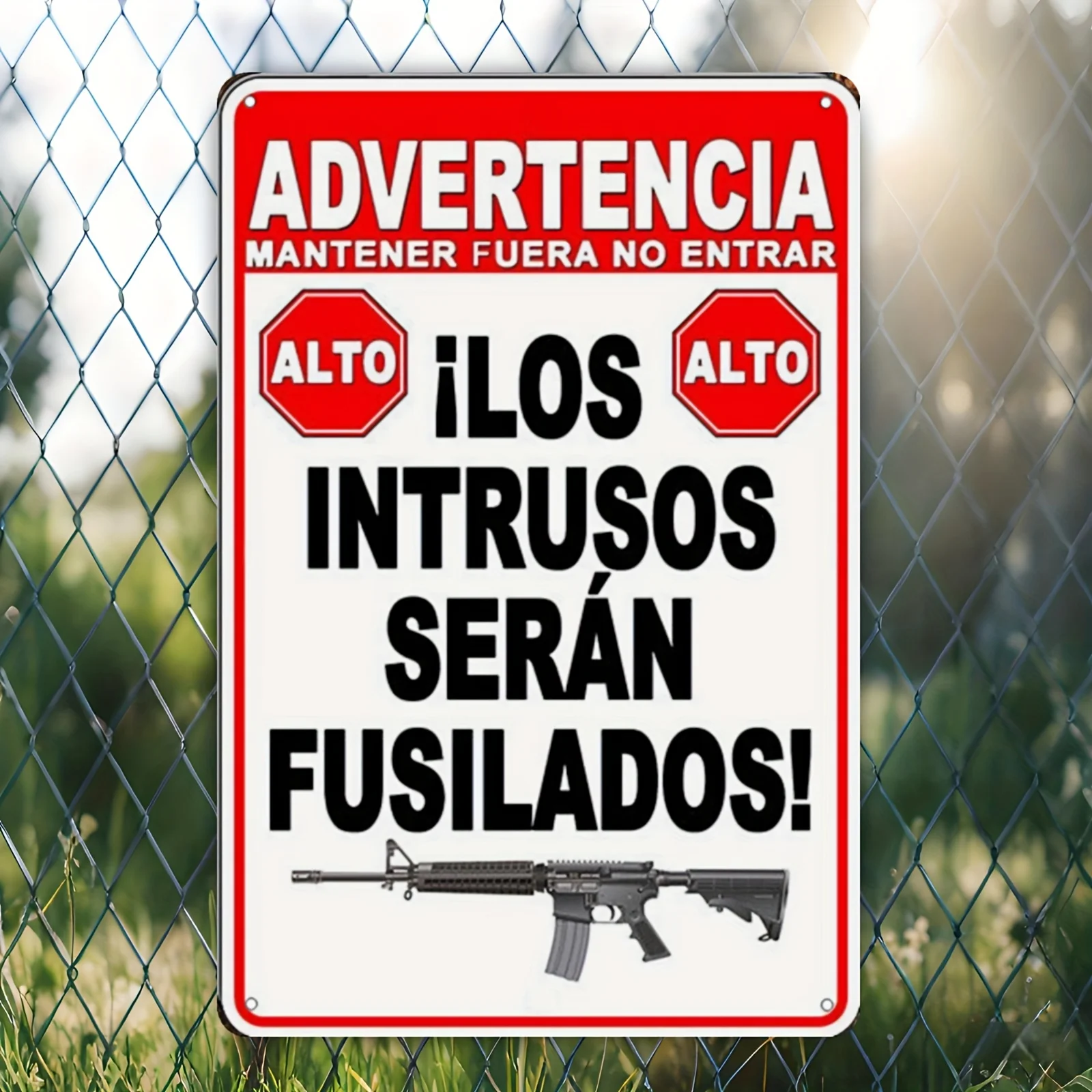 2026 Spanish Vintage Metal Tin Sign Warning Intruders Will Be Shot Gun Rifle Wall Art for Home Garage Yard Decor