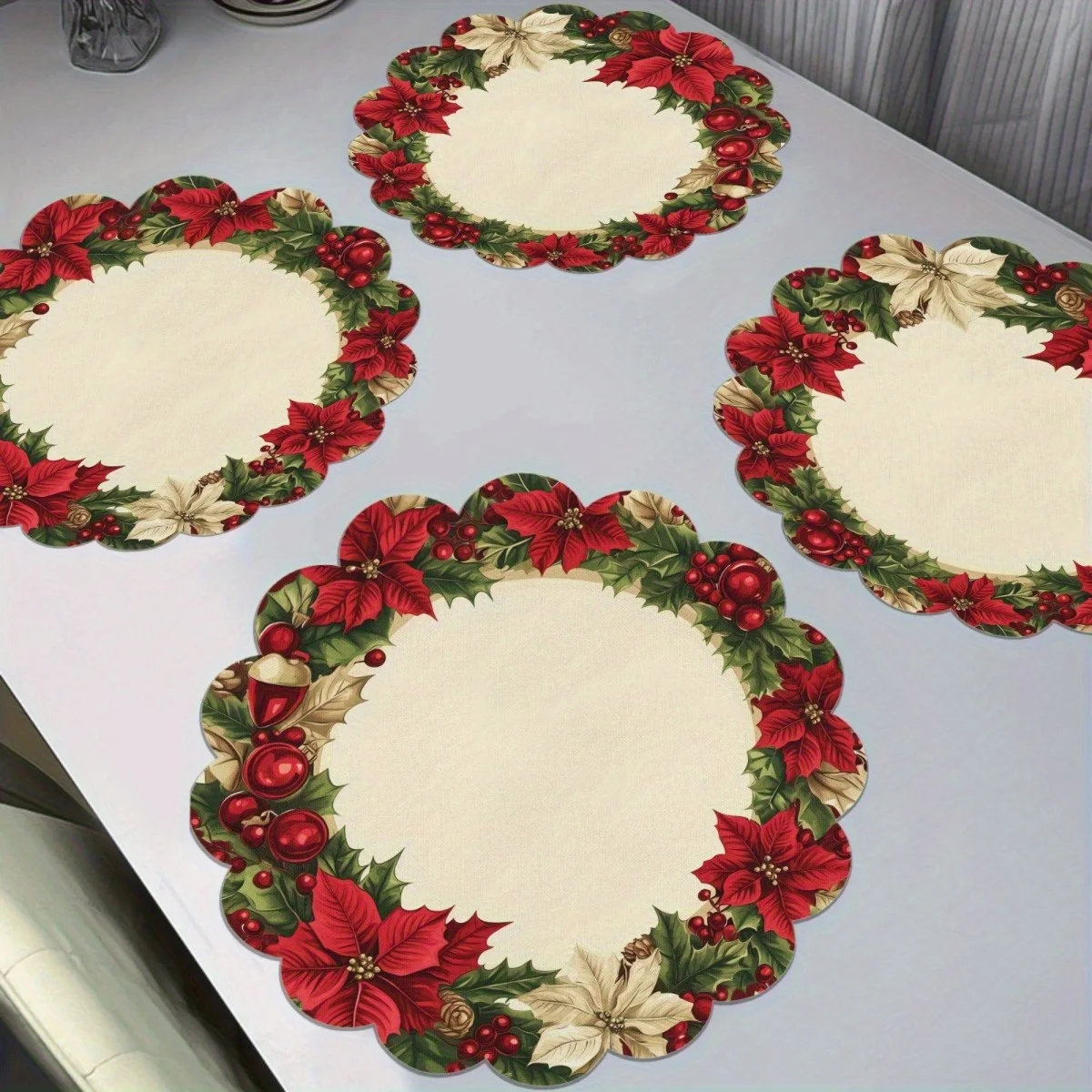 VIKAMA 4-Piece Christmas Poinsettia Placemats Family Gathering Holiday Party Theme Restaurant Table Decor and Accessories