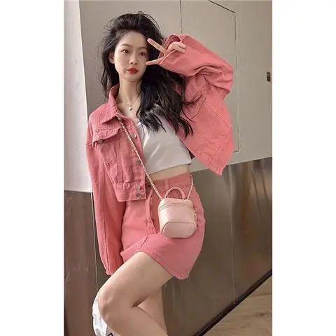 ربيع الخريف الدنيم مجموعة المرأة ort عالية الخصر ألف خط تنورة قطعتين دعوى Faionable عارضة الزي البوليستر طويل Sl...