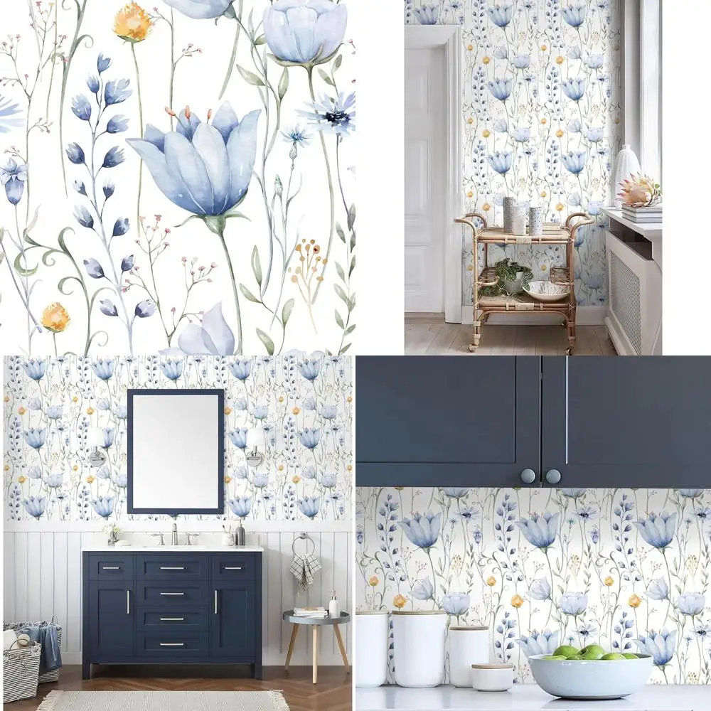ورق جدران ذاتي اللصق مقاوم للماء قابل للإزالة بالزهور الزرقاء للأثاث، 16.1 × 787 بوصة، تطبيق سهل التقشير واللصق