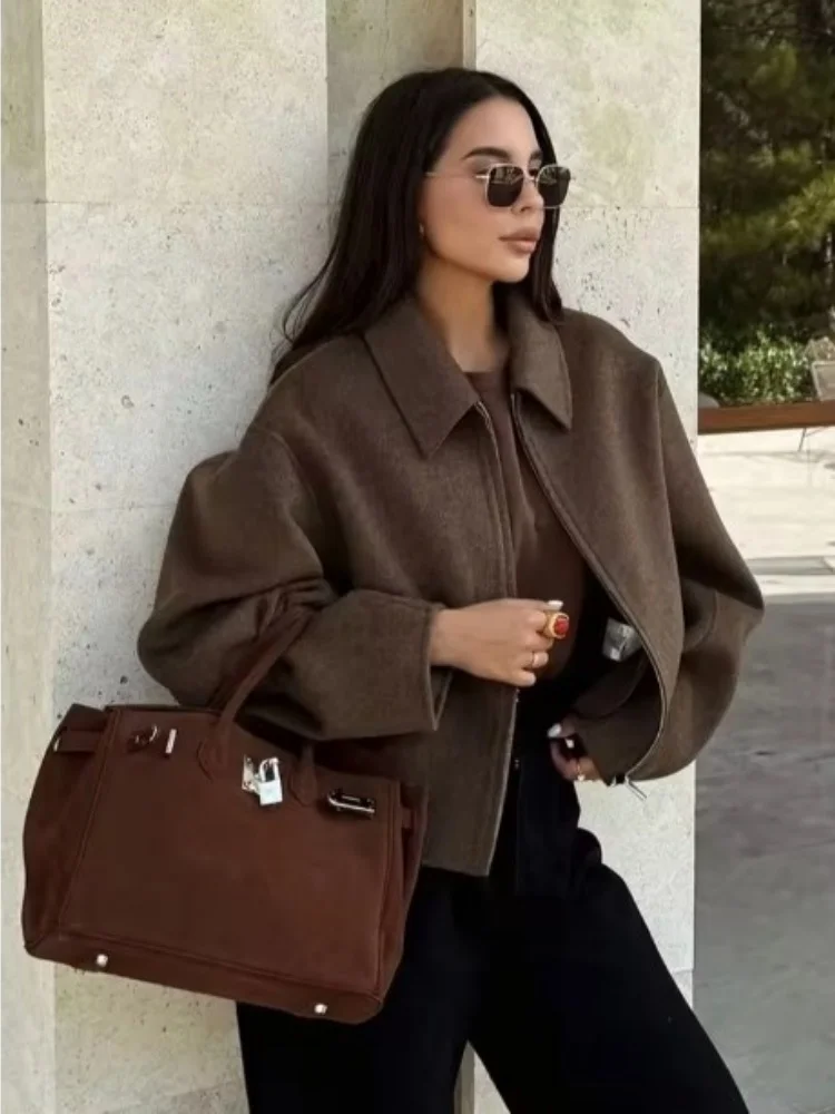 

Укороченные куртки на молнии для женщин, винтажное шерстяное пальто с отложным воротником и длинными рукавами, женское пальто 202, весна-осень, новое шикарное повседневное пальто