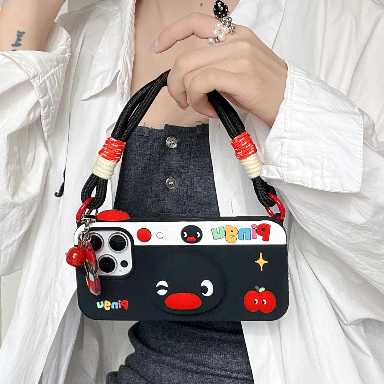 

Penguin Silicone Case with Telescopic Bracket - Adorable iPhone 12/13/14/15/16 Pro Max Phone Back Cover with Hand Wrist Strap
