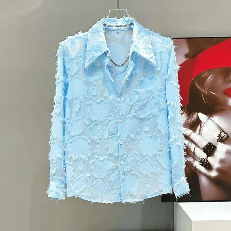 2025 New Tassel Hollow Out Men's Long Sleeved Shirt Thin Mesh Shoulder Pad Casual Turn-down Collar Male Tops ASQ2