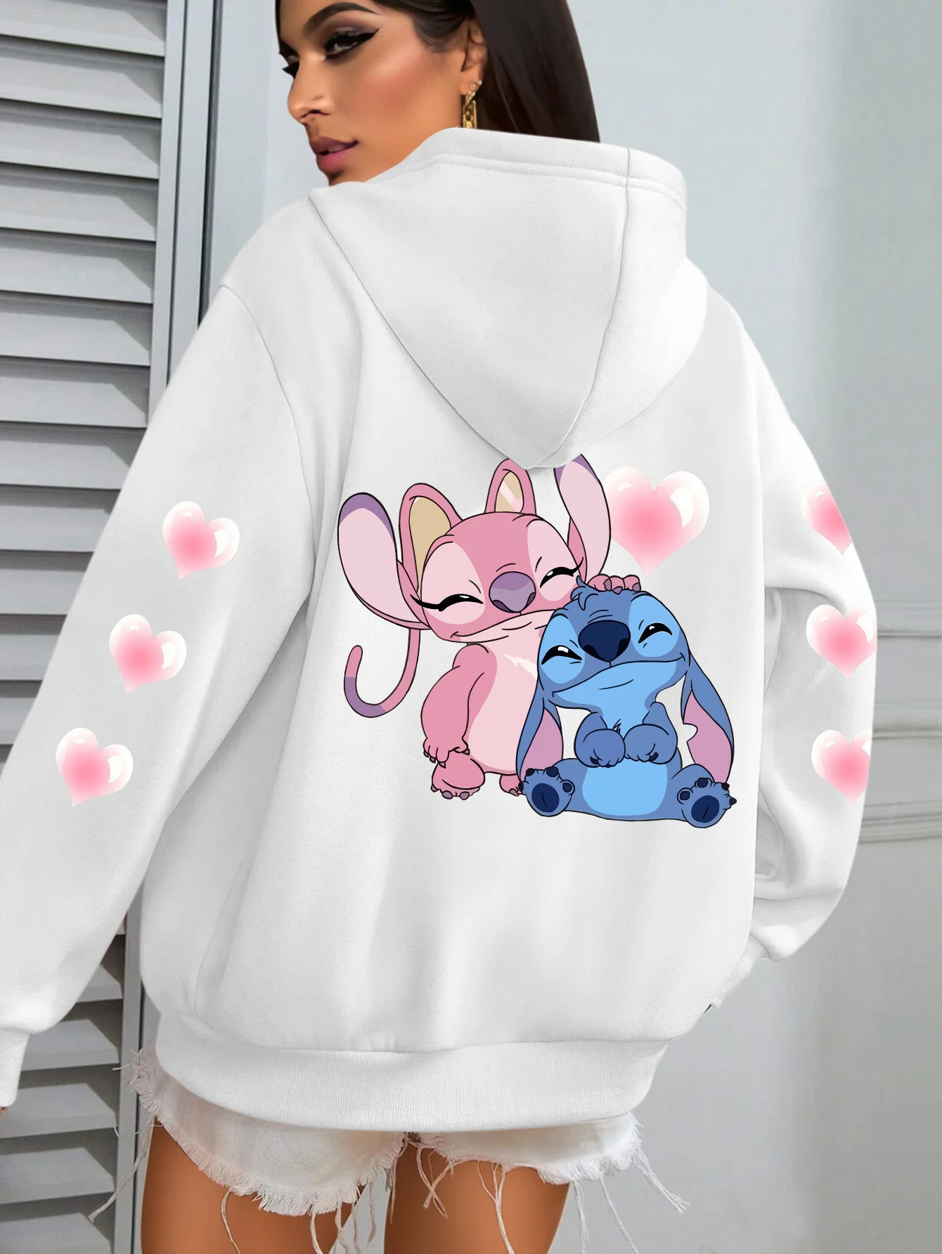 Damska bluza z kapturem z polaru z motywem Disney Stitch na jesień i zimę, unisex, streetwear, oversize, luźna, casualowa.