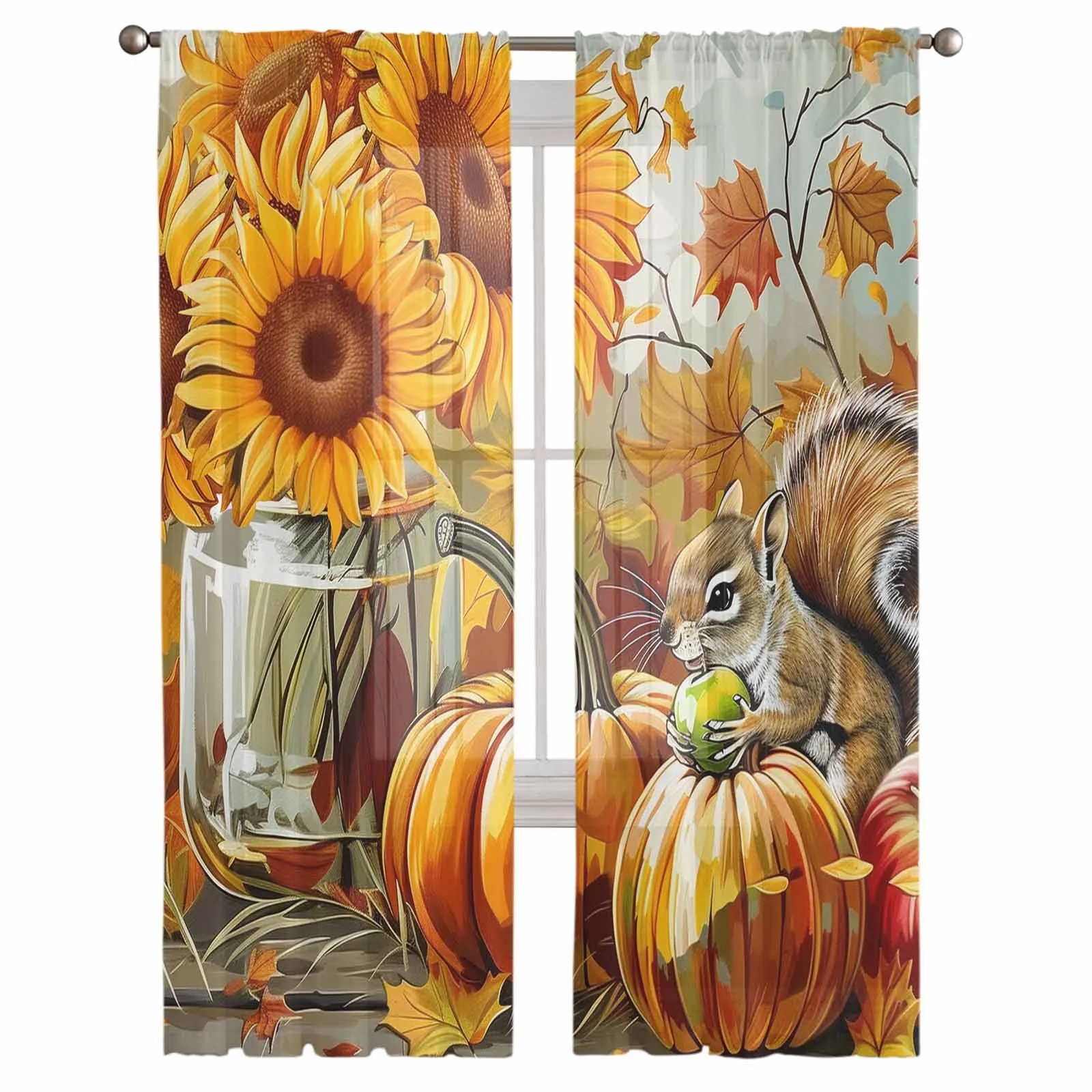 Autumn Pumpkin Sunflower Squirrel Oil Painting Tulle Curtains for Living Room Sheer Voile Curtain Home Decor Kitchen Curtain