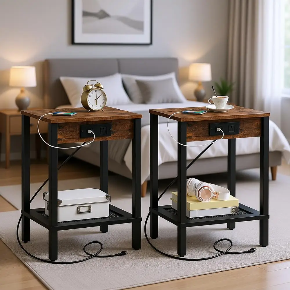 

2-Piece End Table Set with USB Ports & Outlet, 2-Tier Nightstand, Rustic Brown & Black for Living Room, Bedroom, Small Spaces