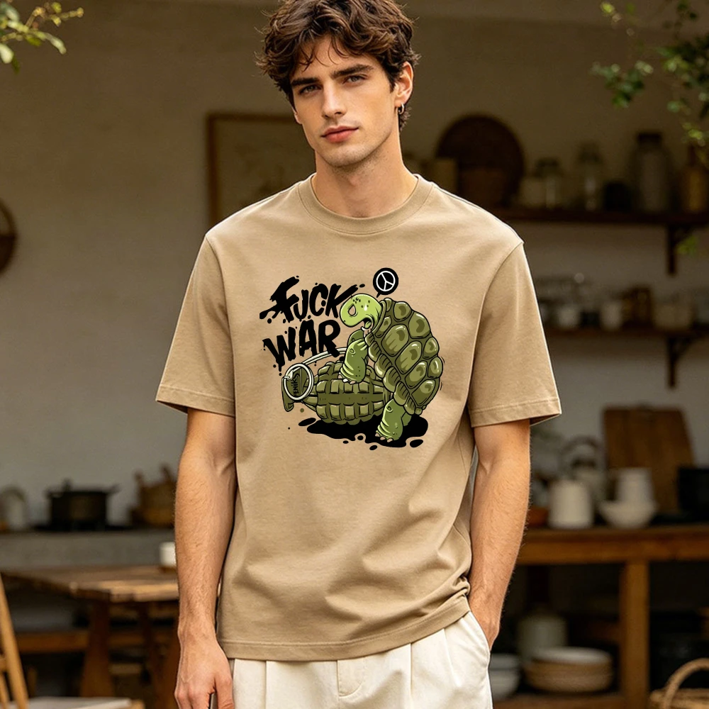 Anti War Peace Sign Tortoise Grenade Graffiti Men Cotton T Shirt Peace Lover Funny Cartoon Niche Trendy Casual Top