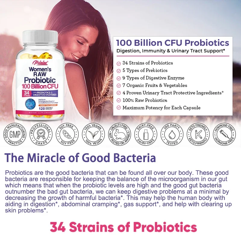 100 Billion Natural Organic Probiotics, Digestive Enzymes - Gut & Immune Health, Gas & Bloating Relief