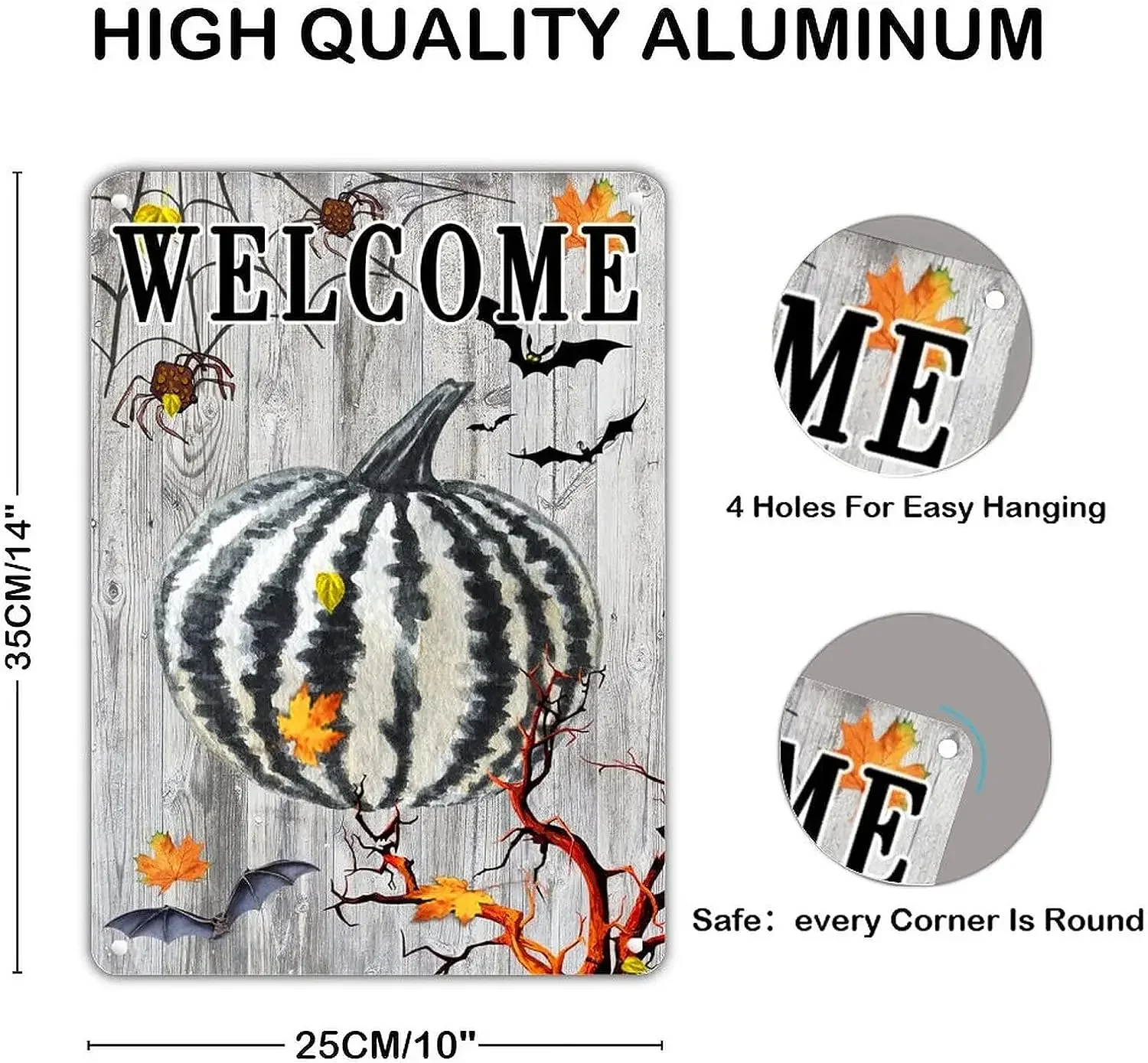 Halloween Welcome Stripe Pumpkin Metal Tin Signs Maple Leaves Spider Web Bat Tin Aluminum Sign Funny Pumpkin Full Moon