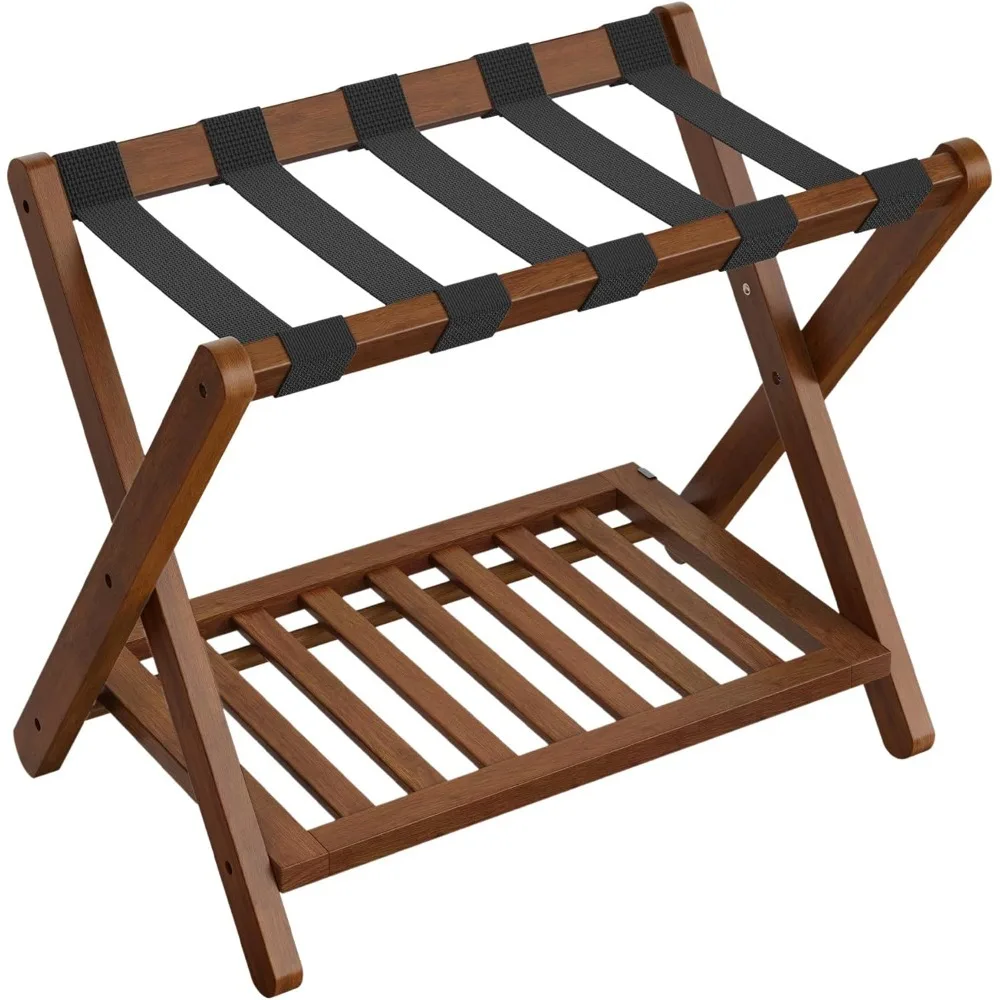 

Solid Wood Luggage Rack, No Assembly Required, Foldable Suitcase Stand with Storage Shelf, for Guest Room, Hotel, Bedroom