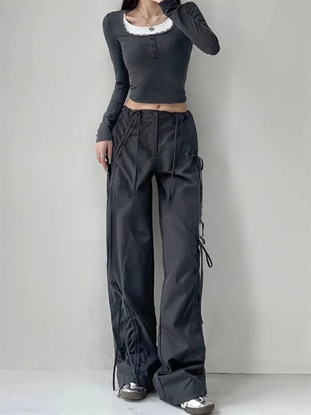 

Spring Summer Female Design Drawstring Loose Street Women's Wide Leg Pants 2024 New Spice Girl Design Bow Leisure Trousers