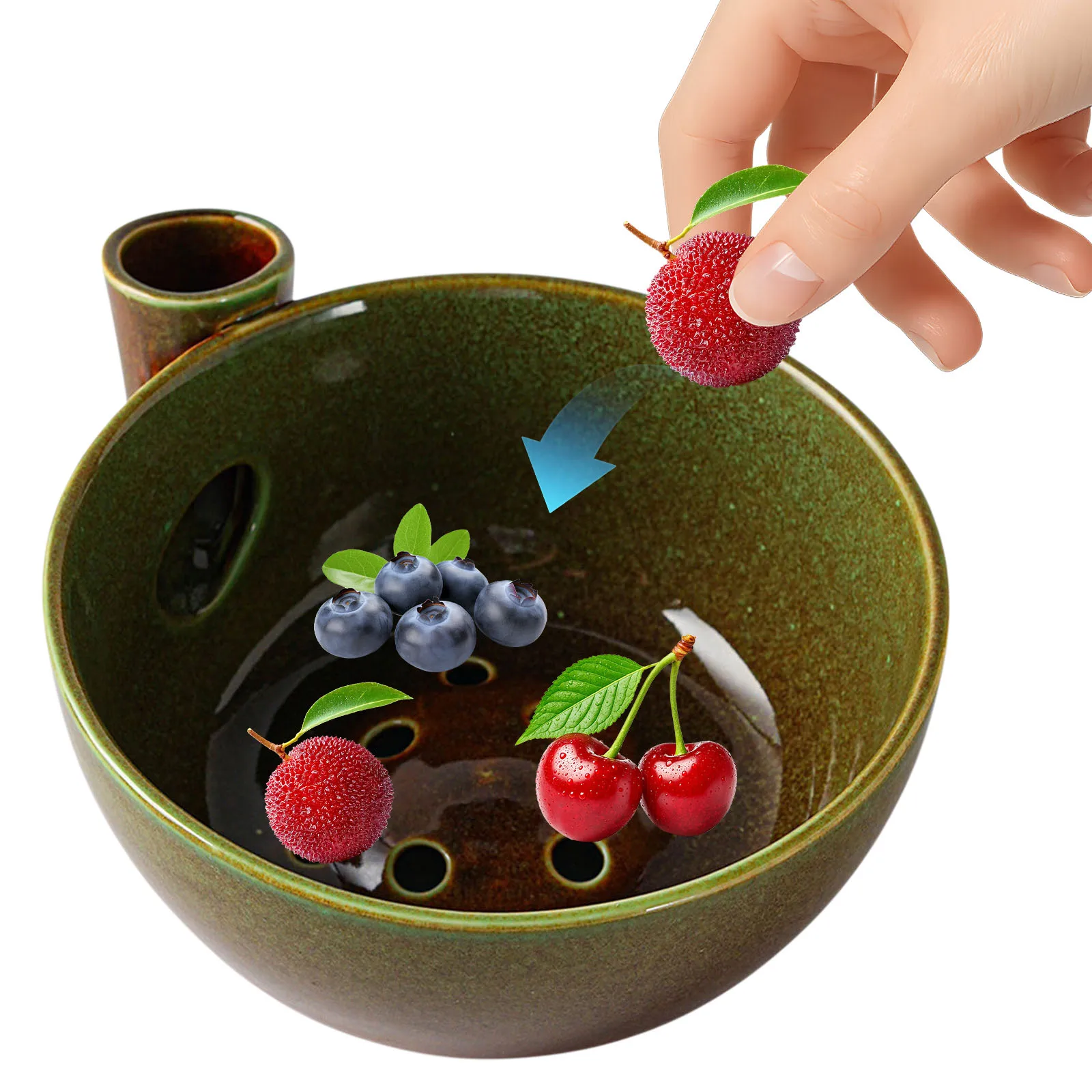 Ceramics Fruit Washer Spinner Handmade Vortex Berry Bowl Ceramics Fruits Washing Colander for Strawberries Blueberries Grapes
