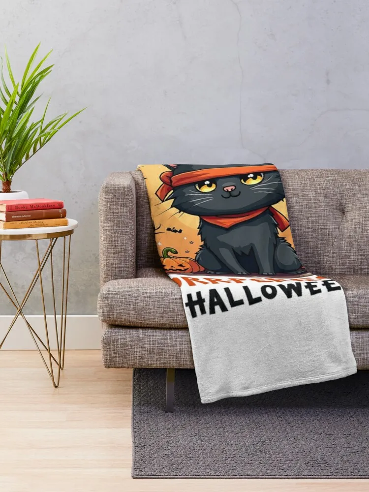 Cute Purr-fectly Stealthy The Ninja Cat Halloween Throw Blanket Beautifuls Luxury manga Blankets