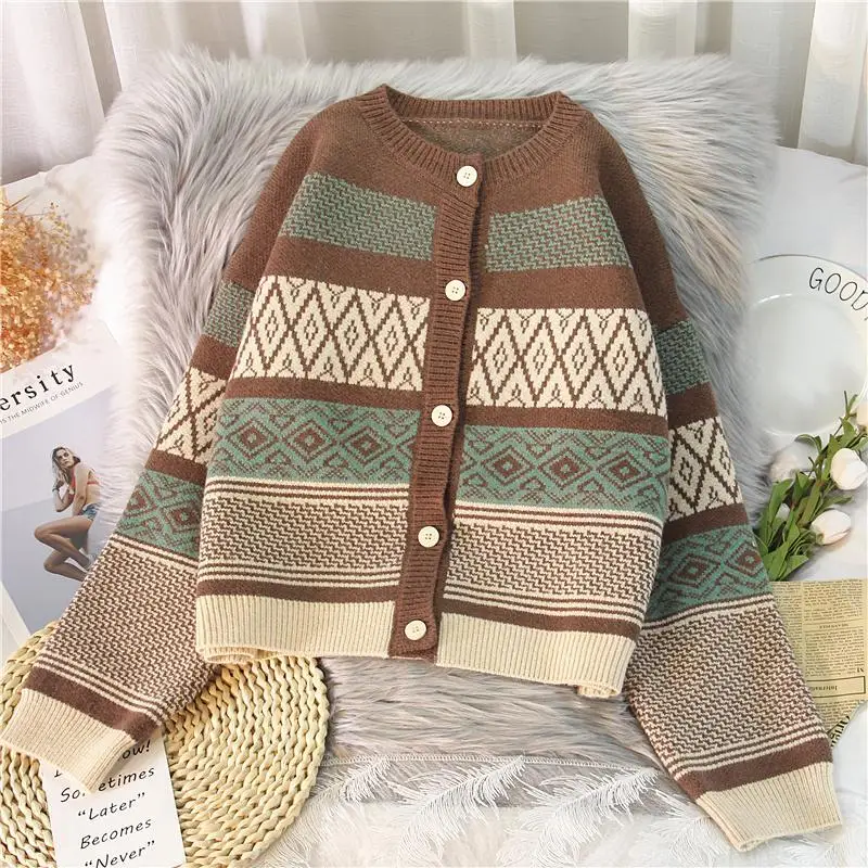 Striped Panelled Cardigan Women Vintage Design Casual Retro All-match Females Aesthetic Stylish Temperament Sweaters Clothing