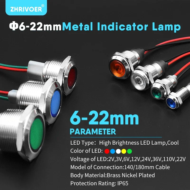 1pc 6mm 8mm 10mm 12mm 16mm Waterproof IP67 Metal LED Warning Indicator Light Signal Lamp Pilot Wire 3V 5V 12V 24V 110V 220V