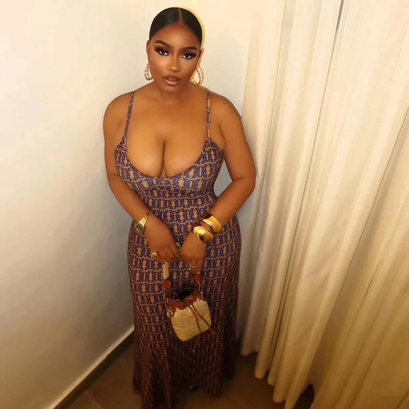 2025 Abito lungo aderente con stampa sexy Donna con cinturino per spaghetti senza maniche Vita senza schienale Slim Fit Orlo diviso Elegante Clubwear Abiti