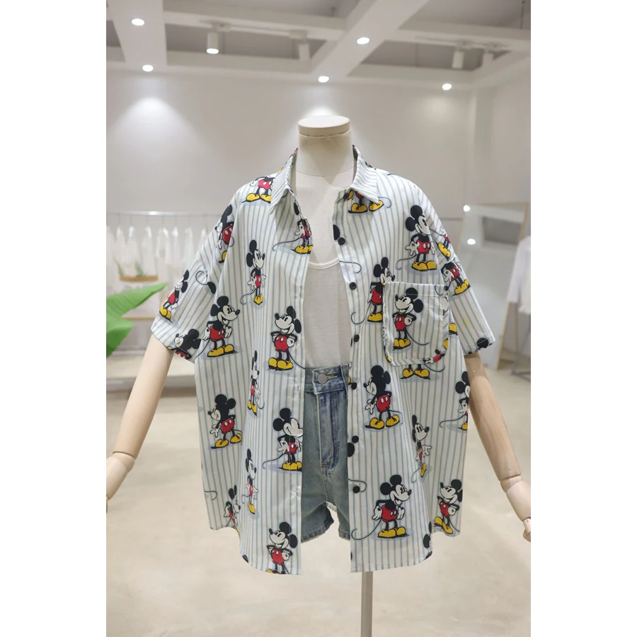 Women Shirt Cartoon Printed Casual Shirt for Women 2024 Summer Versatile Loose Slimming Cotton Short Sleeve Striped Women Tops