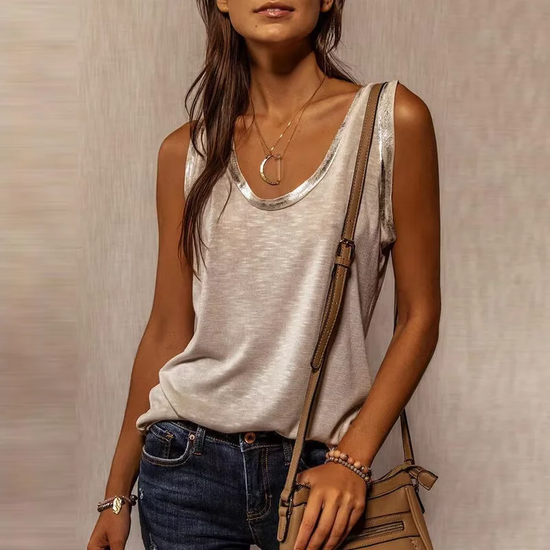 

New Sleeveless Patchwork Chic Ladies Tops Women Summer Simple O Neck Loose Blouse Shirt Casual Basic Pullovers Blusas Streetwear