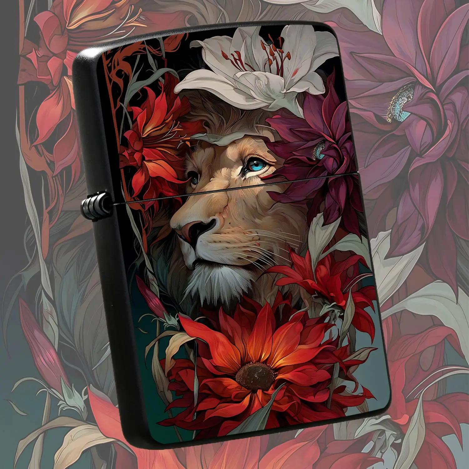 Artistic Lion Surrounded By Blooming Flowers Pattern Pocket Lighter, Exquisite Vivid Print Stylish Unique Decor Accessory, Portable Daily Use Ideal For All Scenarios, Perfect For Gifting And Personal Collection, Eye-Cat A Humorous And Inter