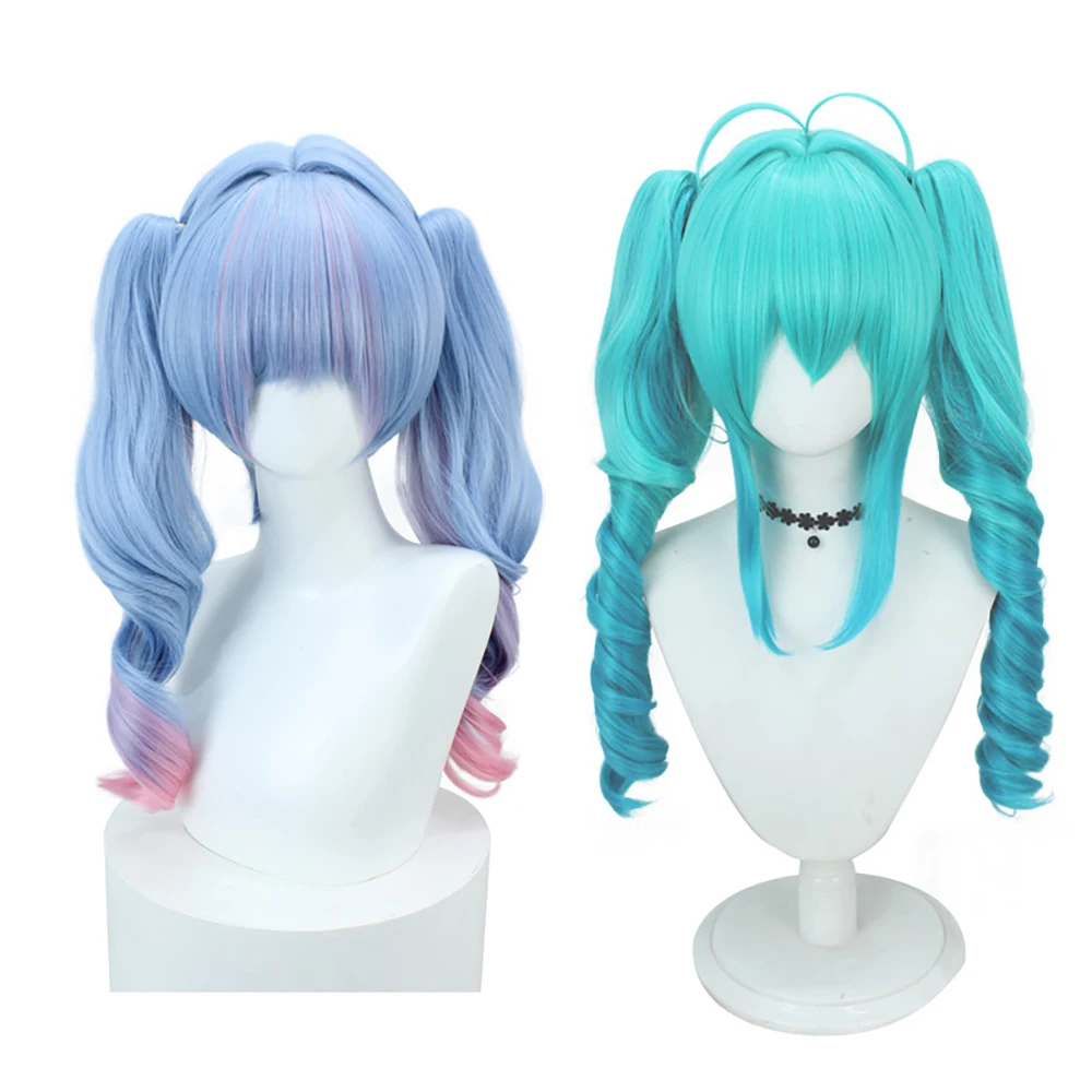 28 pollici di alta qualità Miku Cosplay capelli sintetici spirale doppia coda di cavallo carnevale di Halloween Anime parrucca sfumata blu e blu