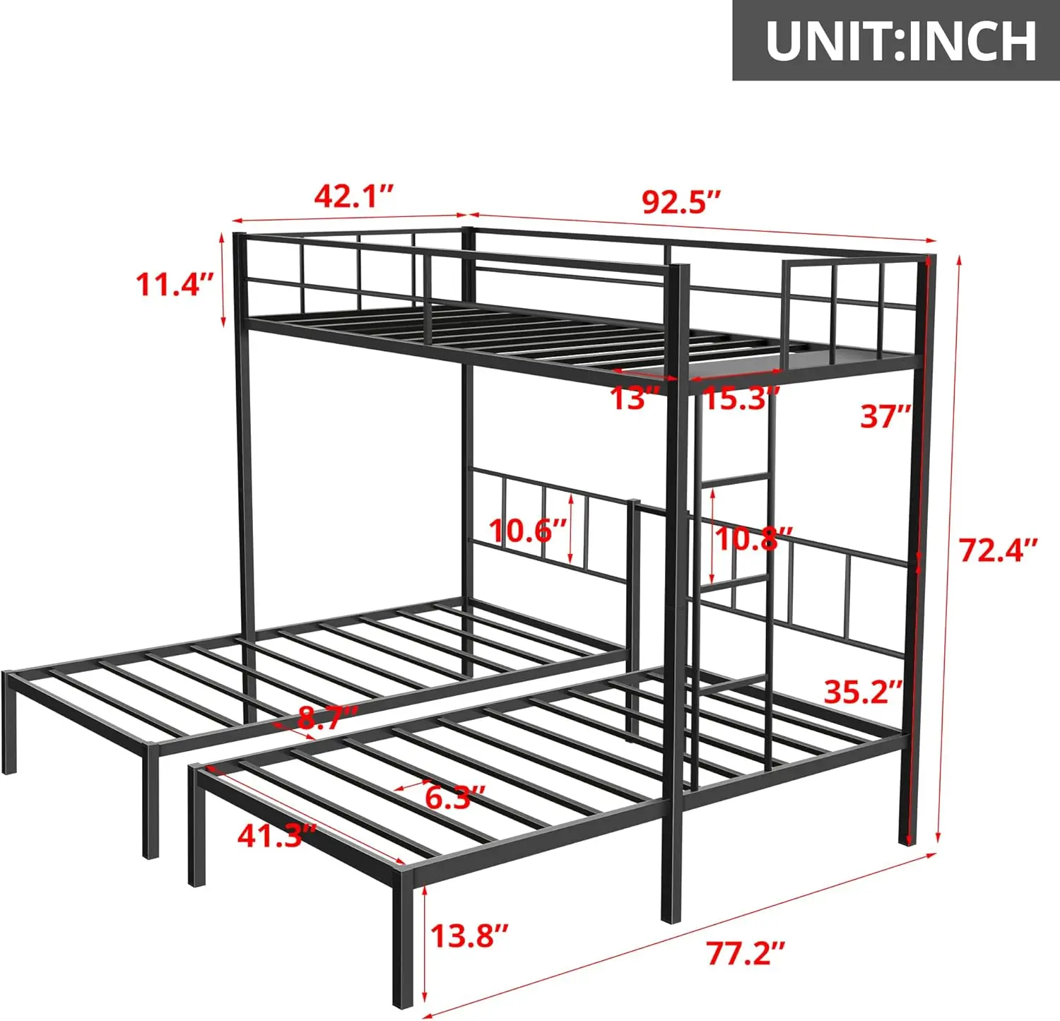 Inclake drieperstapelbed, metalen twin-over-twin- en twin-stapelbedden voor 3 personen met relingen, ladder en bovenbedplatform, afneembaar 3