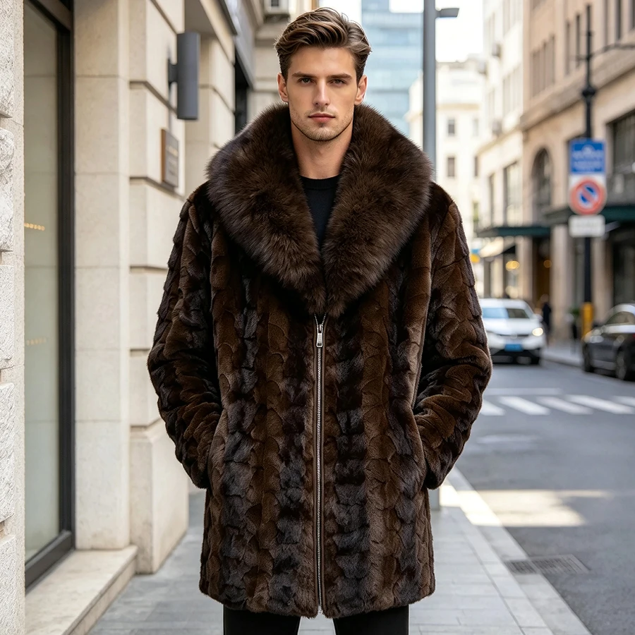 Cropped Mink Fur Coat With Fox Fur Collar Mid-length Natural Fur Coat Real Mink Fur Zippered Jacket Luxury Men's Winter Jacket