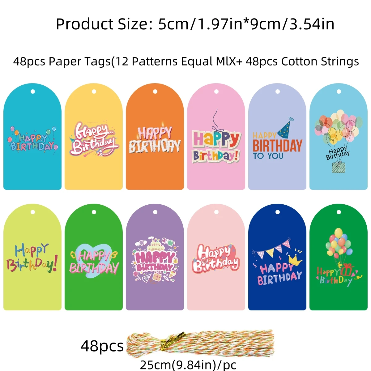 48pcs Floral Pattern Birthday Pattern Paper Labels + Cotton Thread Hang Tags, Suitable for Gift Decoration and Reading Note Mark