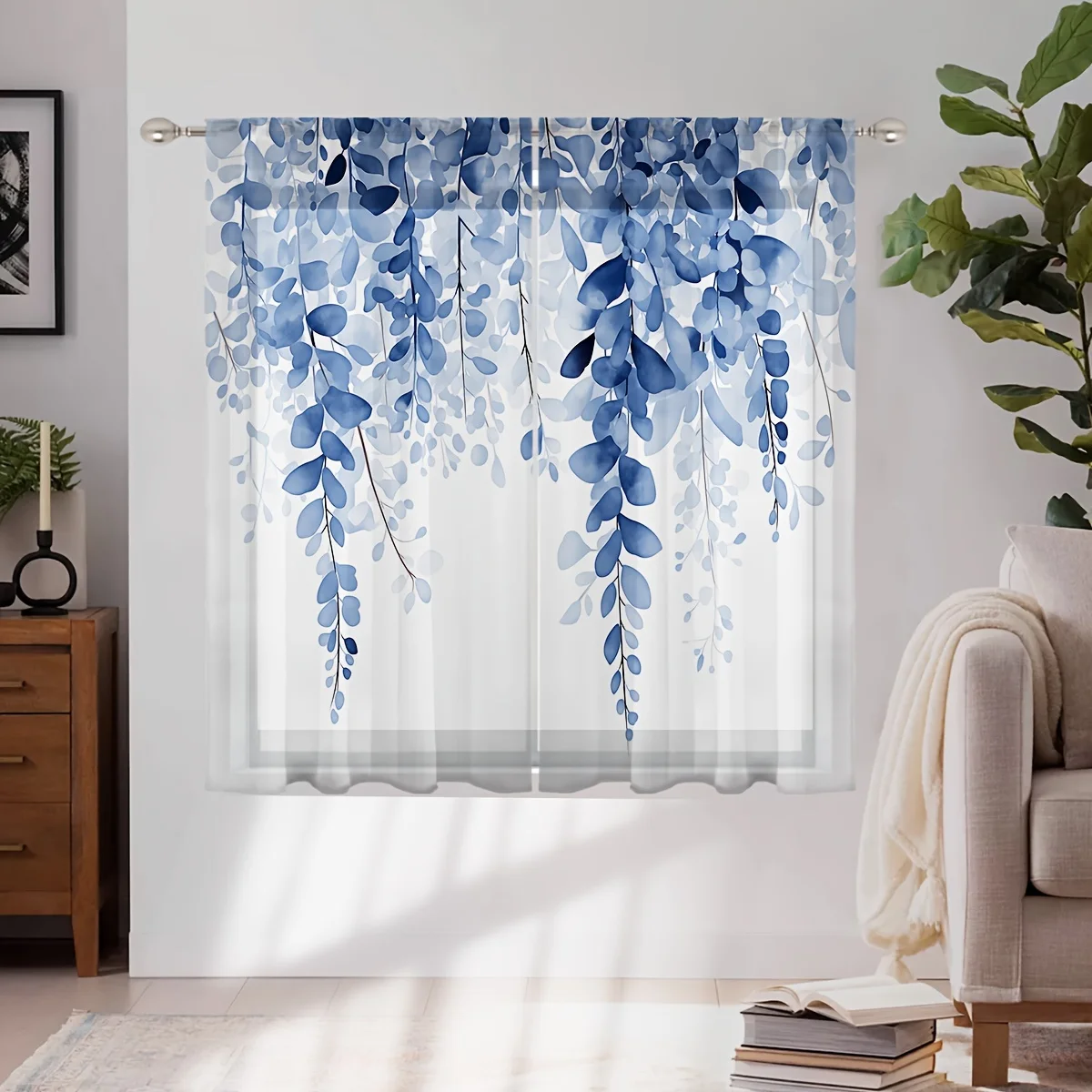 2PCS Blue Leaf Pattern Transparent Curtain, Suitable for Decoration in Living Rooms, Dining Rooms, Bedrooms, Living Room Curtain